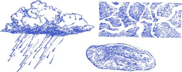 A drawing of a cloud, a raindrop, and a rock. The cloud is blue and the raindrop is white. vector illustration