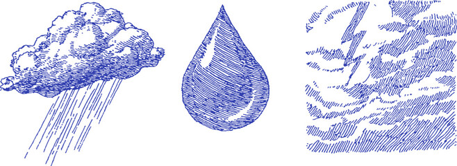 A blue drawing of a cloud, a raindrop, and a cloud with a raindrop. The drawing is in blue and has a watermark. vector illustration