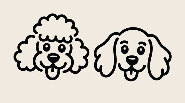 Two cartoon dog faces with tongues out isolated on a light background in a simple line drawing style
