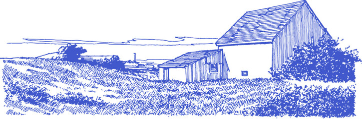 A blue and white drawing of a farm with a barn and a house. The barn is in the foreground and the house is in the background. vector illustration