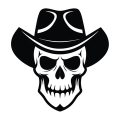 A skull wearing a cowboy hat stands starkly in black and white contrast