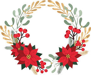 Festive Christmas Wreath Illustration with Poinsettias, Berries, and Elegant Foliage for Holiday Designs