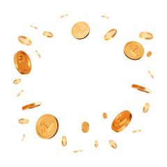 3d flying gold gold Indian rupees coins on white isolated background. Square format. Rich or casino luck concept. Precious expensive treasure. Stock vector illustration.	

