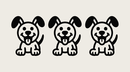Obraz premium Three cartoon dogs with black outlines and tongues sticking out on a white background, lined up neatly