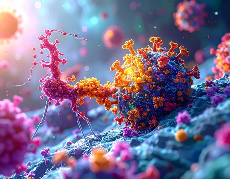 Microscopic view of viral cells. A vibrant, colorful digital illustration of coronavirus particles in a biological environment