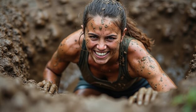 Smiling woman crawls out of a muddy pit during an obstacle course race. Determined female athlete covered in dirt overcomes the hard challenge. Strong girl shows grit and power in extreme sport.