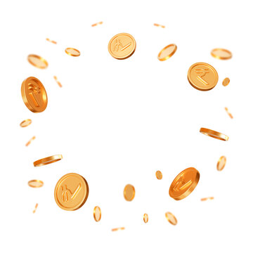 3d flying gold gold Indian rupees coins on white isolated background. Square format. Rich or casino luck concept. Precious expensive treasure. Stock vector illustration.	
