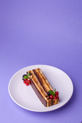 Slice of chocolate cake with berries on white plate against purple background