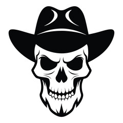 Skull wearing classic cowboy hat evokes a vintage outlaw in a stark monochrome