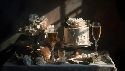 Enchanting white cake crowned with delicate blooms beside bubbly in shadowy elegance