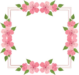 Beautiful square frame adorned with delicate pink cherry blossoms and green leaves, an elegant floral border for spring invitations and decorative graphic designs