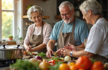 Senior people cook healthy food on cuisine workshop. Elderly couples learn meal recipe and food prep tech together in kitchen. Aged friends have fun and cooking lesson.