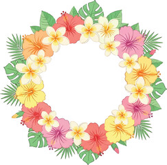 Vibrant Tropical Floral Wreath with Exotic Hibiscus and Plumeria Flowers, a Colorful Round Frame Perfect for Summer Celebrations, Hawaiian-Themed Events, and Festive Invitations