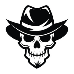 Black silhouette reveals a skull wearing a hat, a stark monochrome emblem with vintage flair