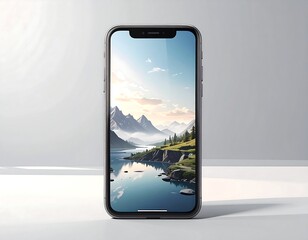 Phone displays a landscape featuring a tranquil lake mirroring distant mountains under a cloudy blue sky