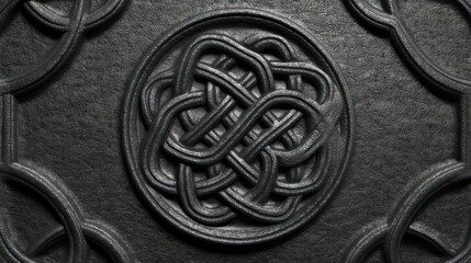 Embossed leather medallion patterned with interwoven circular knots loop merging seamlessly Ultra-detailed carvings illuminated crisply Composition centered uncluttered