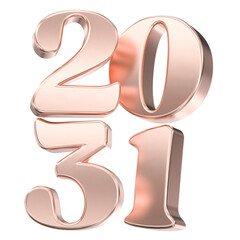 Rose Gold Metallic 2031 Isolated 3D Rendering. Future Calendar Date Shiny Copper Typography for New Year Design.