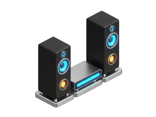 Obraz premium Isometric 3d rendering of a modern black stereo speaker system with glowing blue and orange lights isolated on transparent background