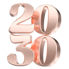 Elegant shiny rose gold 3D numbers representing the year 2030 isolated on a clean white background.