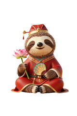 Whimsical Sloth in Traditional Red Robe Holding Lotus Flower