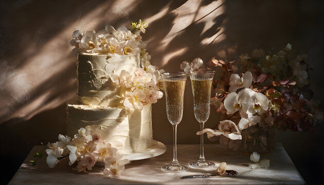 Enchanting white cake crowned with delicate blooms beside bubbly in shadowy elegance