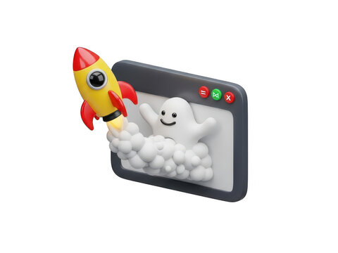 3d cartoon ghost character launching a fast rocket from a computer window screen with smoke cloud, concept of speed and launch isolated on transparent background