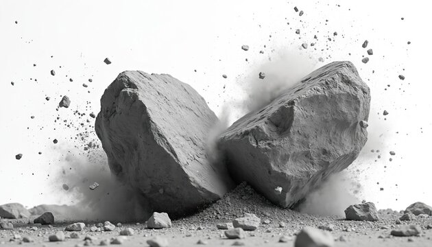 Massive grey rock breaks apart mid-air. Small stone pieces fly outwards creating dust cloud. Dynamic debris impacts ground, symbolizing destruction or powerful natural force.