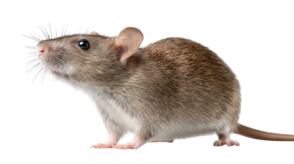 Close up of a brown and white mouse with pink nose and whiskers on a black background looking up
