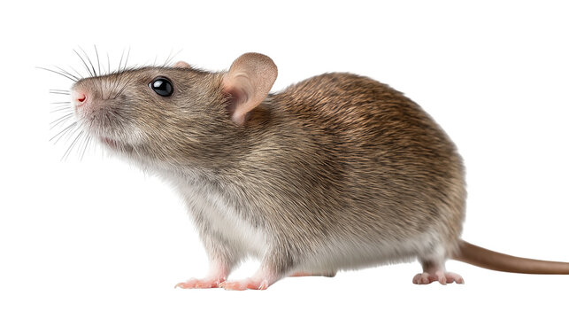 Close up of a brown and white mouse with pink nose and whiskers on a black background looking up - Powered by Adobe