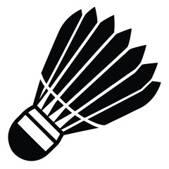 A single black badminton shuttlecock with white stripes sits diagonally against a white background