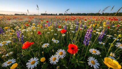 Obraz premium A vibrant wildflower meadow filled with poppies, daisies, lupines, and colorful blossoms under a clear sunrise sky, stretching toward a distant tree line.