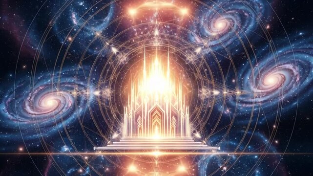 Journey through the cosmos to a celestial city, discover a vibrant galaxy with swirling nebulae and radiant light in this epic, dynamic video sequence, perfect for space exploration themes