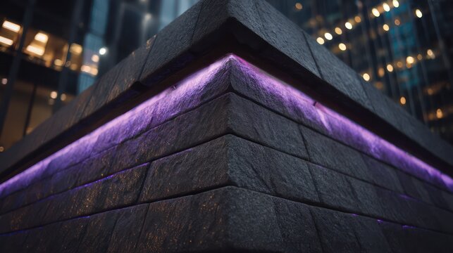 Facade of angled concrete blocks with violet LED edge lighting shot with strong rim light to define structure - Powered by Adobe