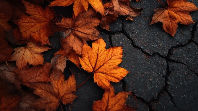 Fallen autumn leaves layered cracked asphalt richly textured contrast between organic and artificial sharp on leaf edges and
