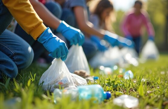 Students collect litter in park, putting trash in plastic bags. Kids volunteers in blue gloves clean garbage. Eco friendly youth collect waste on green grass. Children care about eco projects, - Powered by Adobe