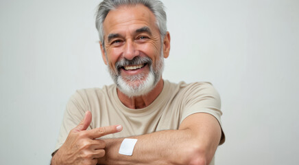 Smiling older man points to bandage on arm after getting vaccinated. He feels healthy and protected against illness. This shows a positive step towards public health.