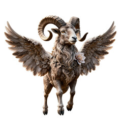 Winged Ram with Elaborate Collar and Intricate Feathers