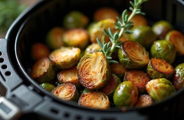 Crispy air fried Brussels sprouts with balsamic glaze are a delicious side dish. These roasted vegetables are seasoned and ready to serve. Healthy green food is perfect for dinner.