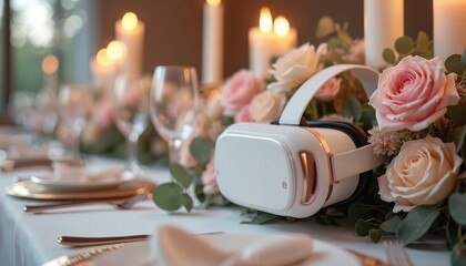 VR headset on wedding table with flowers candles. Virtual reality assists event planning to visualise arrangement design. Planner use simulation to customize decor for client. Technology enhances