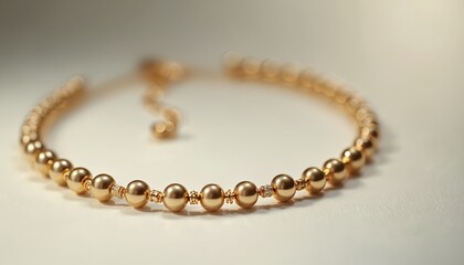Elegant gold bead bracelet with subtle sparkle rests on smooth surface, refined craftsmanship. Detailed design enhances feminine allure, perfect for luxury fashion editorials, jewelry promotions.