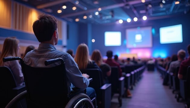 Young person in wheelchair attends large tech conference. Audience members watch presentation screens in modern auditorium. Vibrant stage lighting creates engaging learning environment. Event