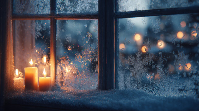 Cozy winter window scene with glowing candles and frosted glass, warm lights in distance. - Powered by Adobe