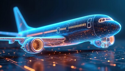 Fototapeta premium Commercial airplane blueprint rendering. Wireframe plane model. Future tech aviation transport illustration. Passenger aircraft engineering design presentation. Digital technology flight schematic.