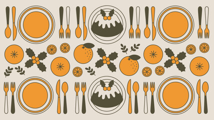 A festive pattern featuring plates, cutlery, oranges, holly, and christmas puddings in a repeating design