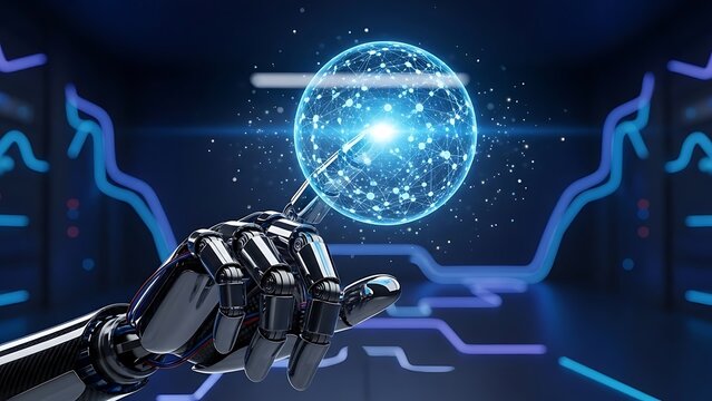 Robotic arm holding glowing digital sphere, symbolizing innovative technology and connectivity for a modern, tech-driven future with AI power