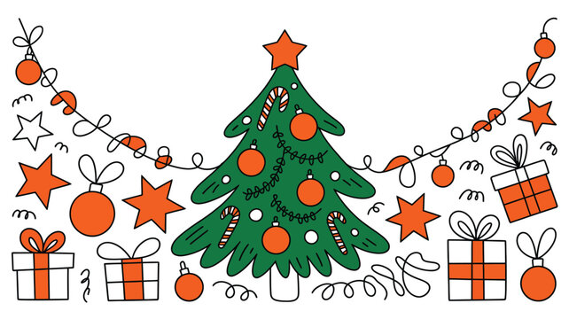 A christmas tree decorated with ornaments, candy canes, stars, gifts and string lights on white background