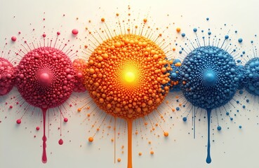 Vibrant abstract composition features three colorful dot clusters. Red, orange, blue spheres burst, drip on white surface. Geometric shapes create modern art illustration, showing energy, growth,