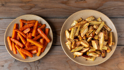 Root vegetables baked with honey and thyme, parsnips on one plate, carrots on the other. Wooden background.