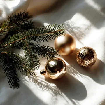 Minimalist Christmas Flat Lay with Pine Branches and Gold Ornaments