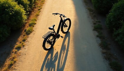 Black bicycle stands on dusty dirt path. Long shadow stretches across ground in warm sunset light. Green bushes line road. Bike ready for adventure travel, exploring nature trails, enjoying